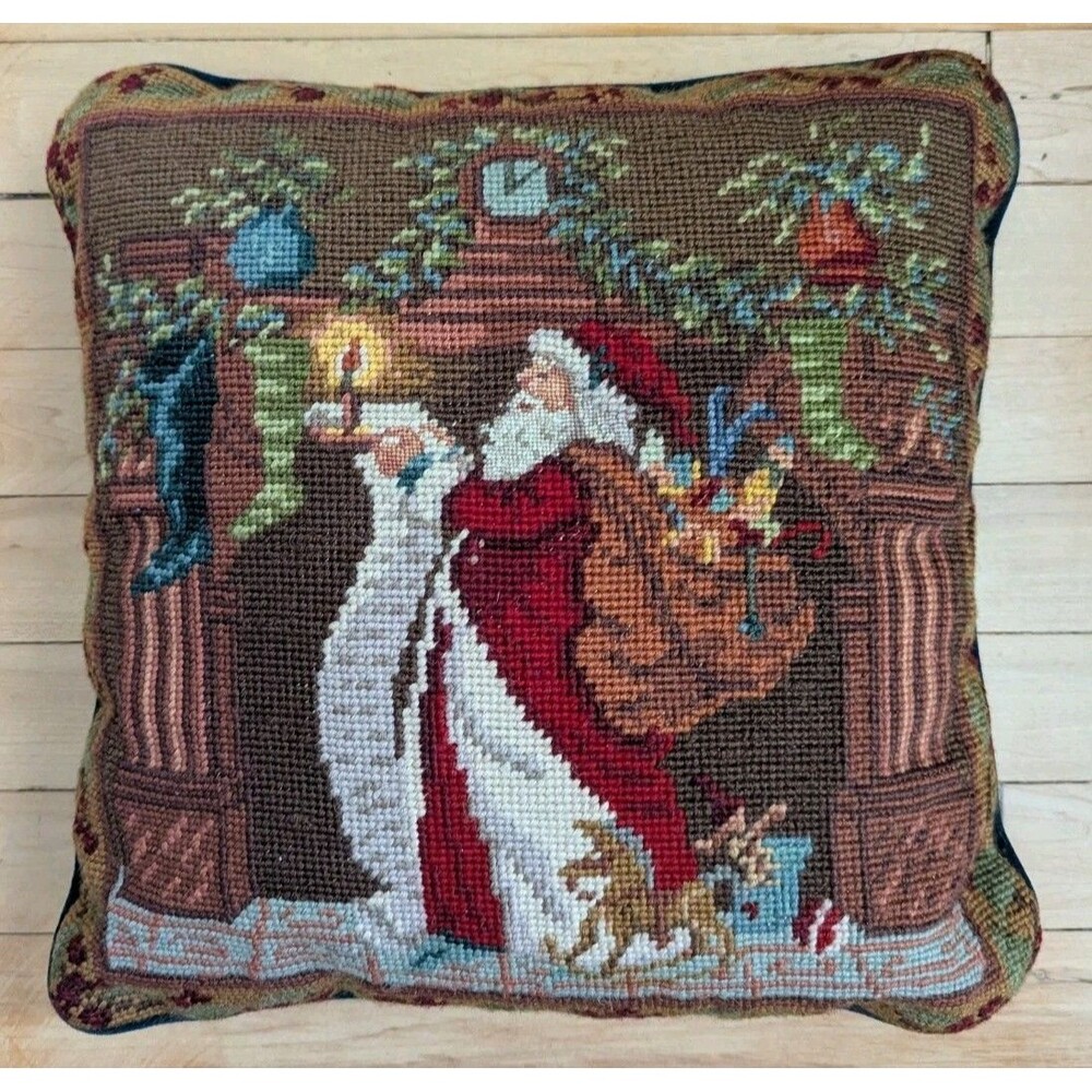 Vintage Wool Needlepoint Christmas Pillow Victorian Santa 14" Green Velvet Back